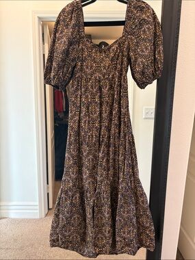 MINKPINK Brown Floral Maxi Dress with Puff Sleeves